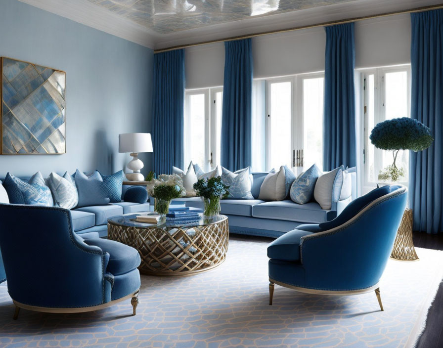 Sophisticated living room with blue and white decor, plush seating, patterned rug, and artistic