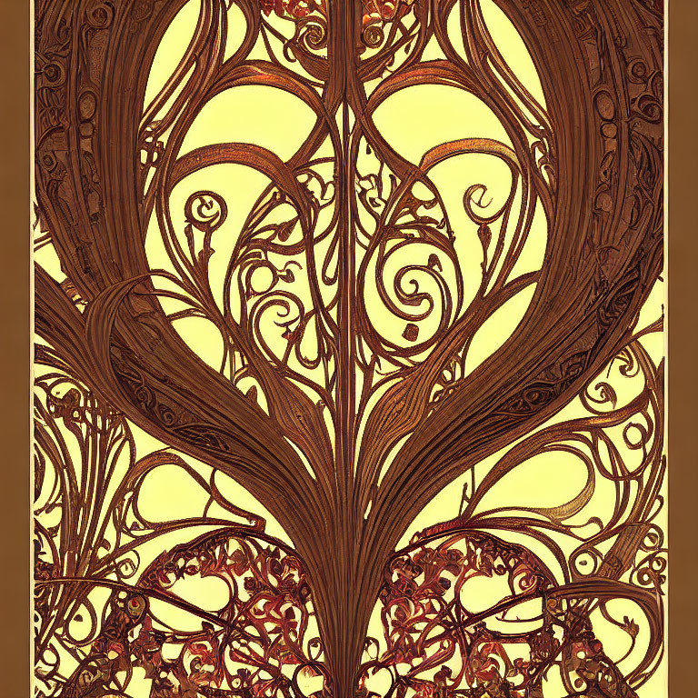 Symmetrical sepia tree pattern with ornate swirls in art nouveau style