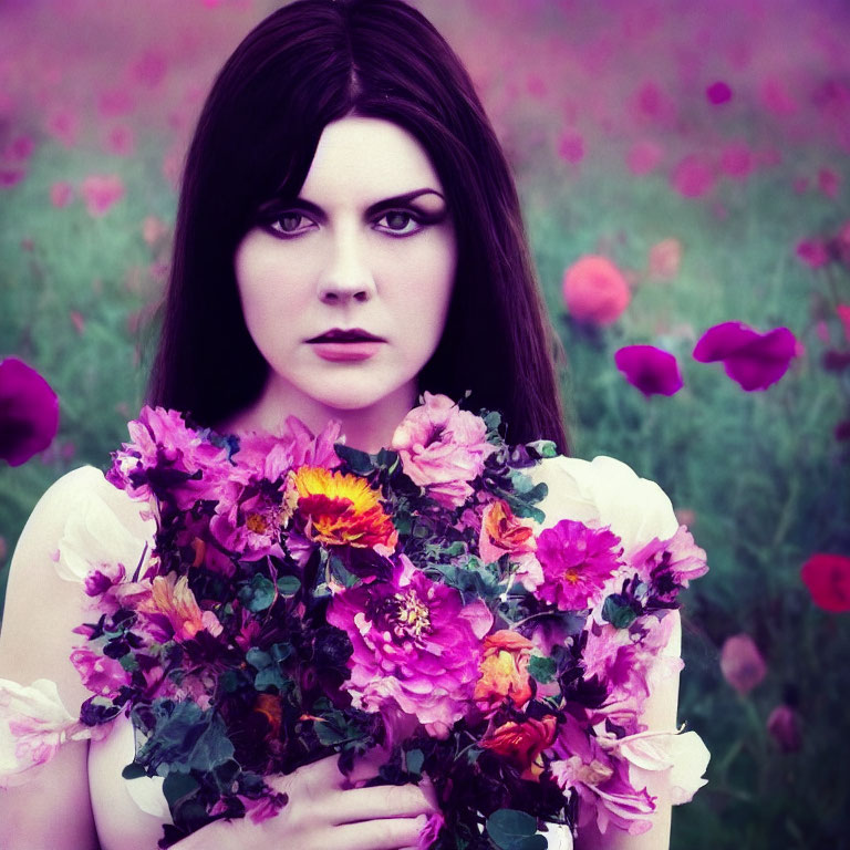 Dark-haired woman with makeup among vibrant purple flowers on blurred floral backdrop