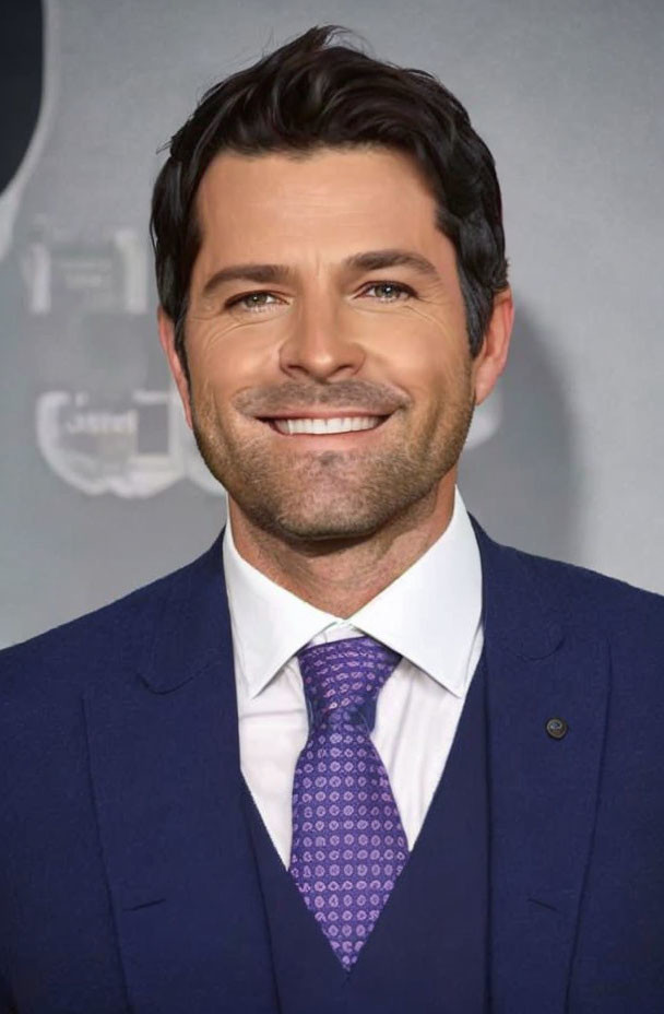 Smiling man in navy blue suit with stubble on grey backdrop