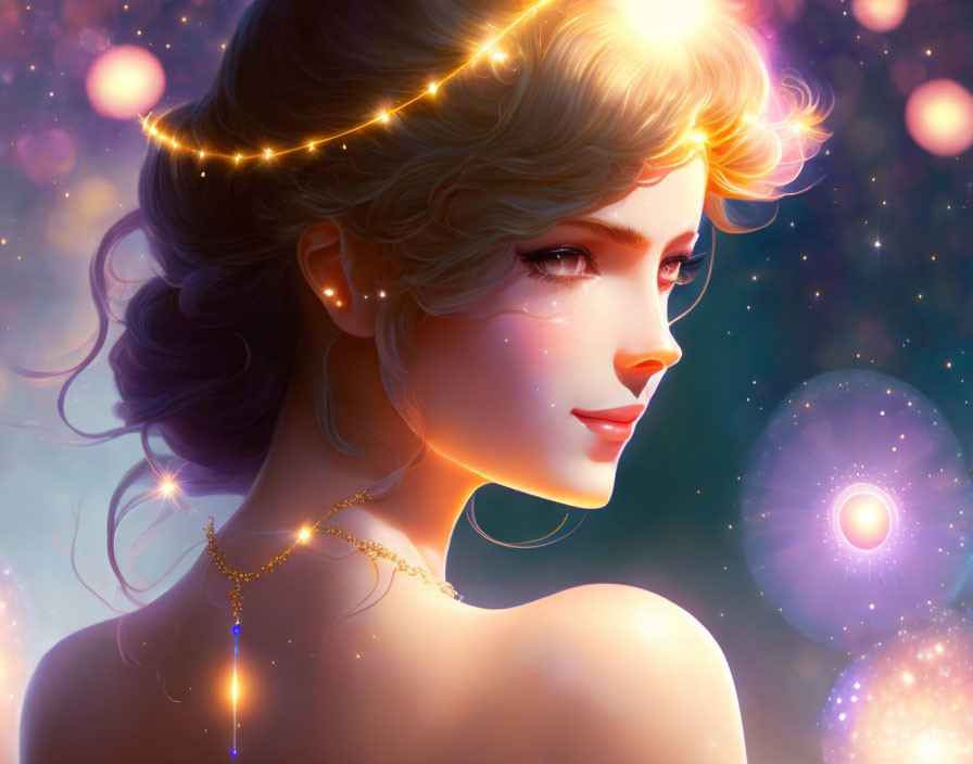 Woman's side profile with radiant skin, sparkling eyes, and hair adorned with glowing lights against twinkling