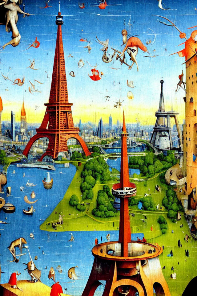 Vivid surreal Paris scene with multiple Eiffel Towers