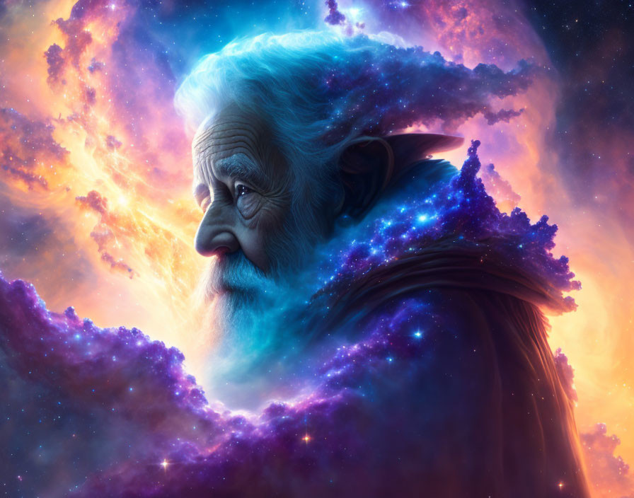 Elderly man with pointed ears in cosmic nebulae portrait