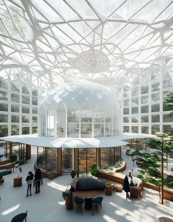 Modern atrium with geometric glass ceiling and lush greenery