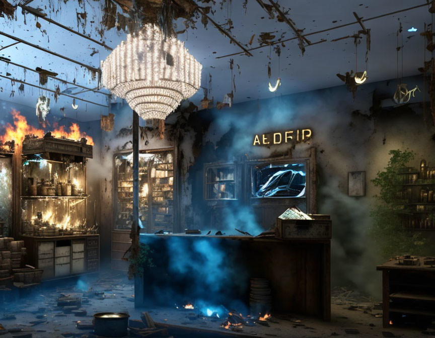 Fire-Damaged Room with Chandelier, Papers, and Eerie Blue Light