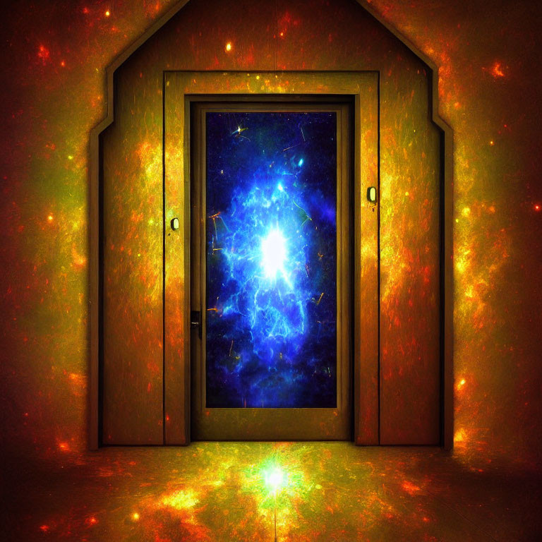 Colorful Doorway Reveals Cosmic Scene with Stars and Nebulae