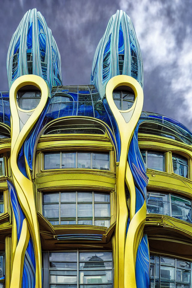 Modern architecture of Dancing House in Prague with undulating curves and blue & yellow colors.