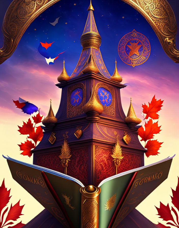 Illustration of open book with ornate covers, fantasy tower, falling leaves, starry night sky