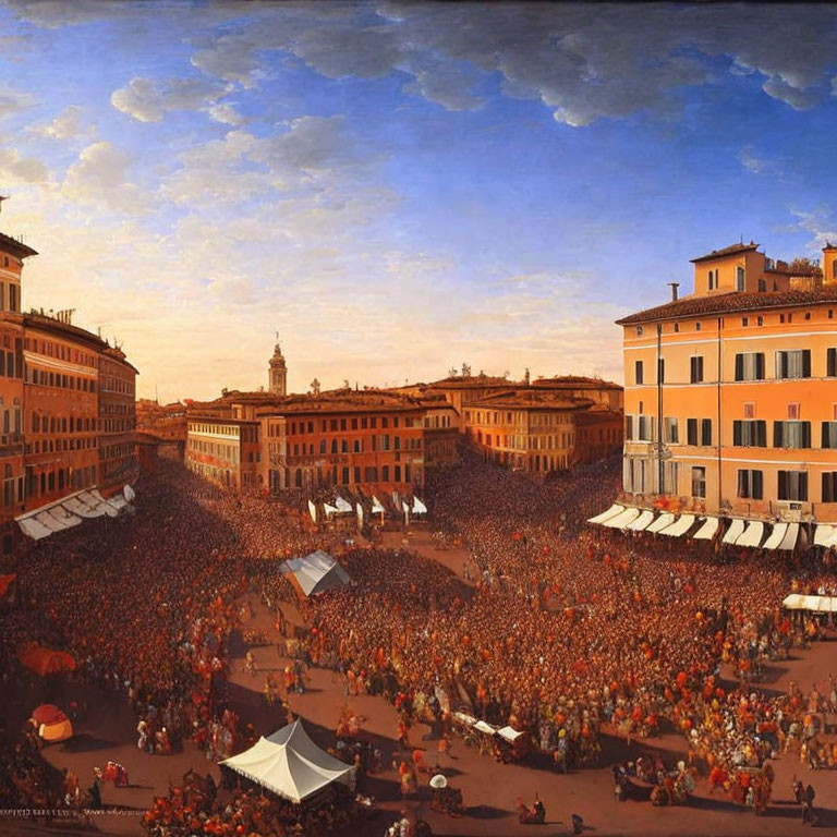 Crowded square with orange roofs and cloudy sky at public event.