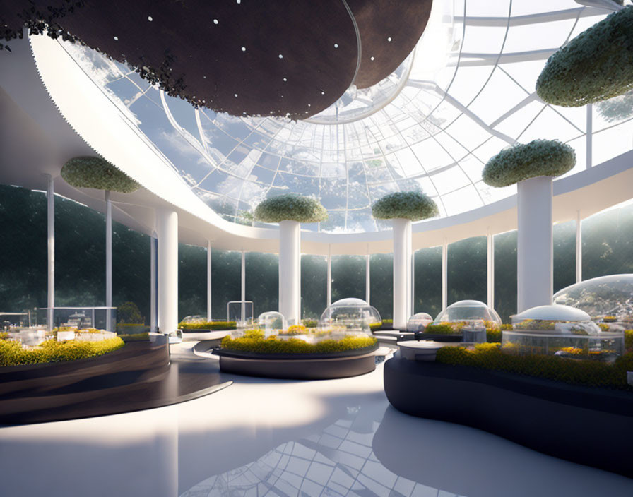 Transparent dome ceiling indoor garden with lush greenery in spherical terrariums