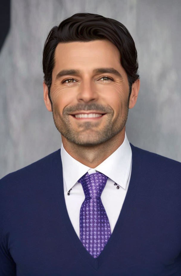 Smiling man in blue suit with patterned purple tie