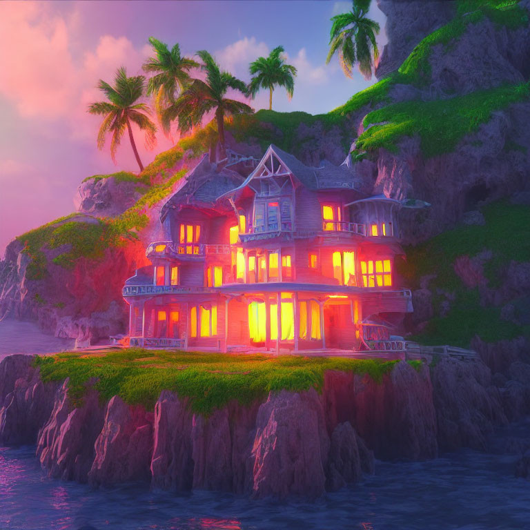 Colorful multi-storied house on rocky cliff at sunset