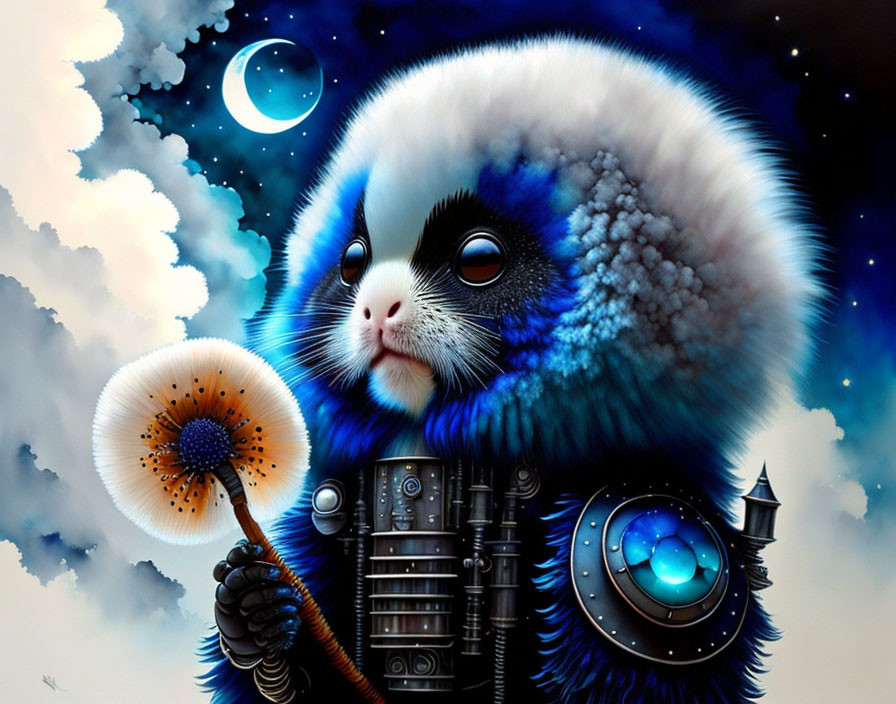 Colorful whimsical hybrid creature with cat head and mechanical body on starry night sky.