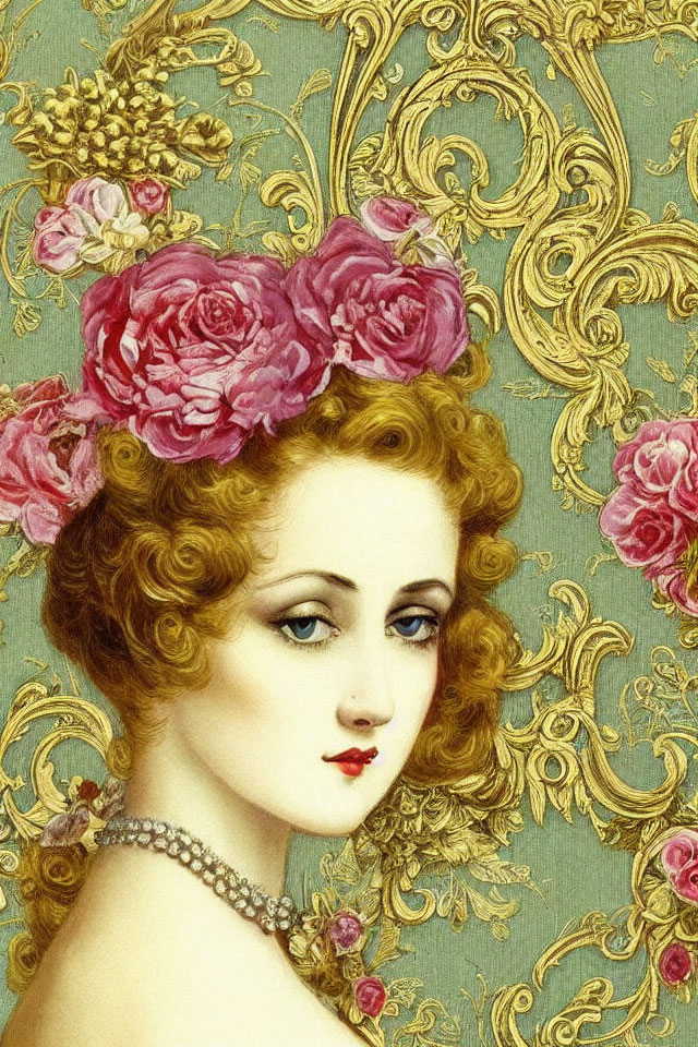 Vintage-Style Portrait of Woman with Curly Hair and Pink Roses