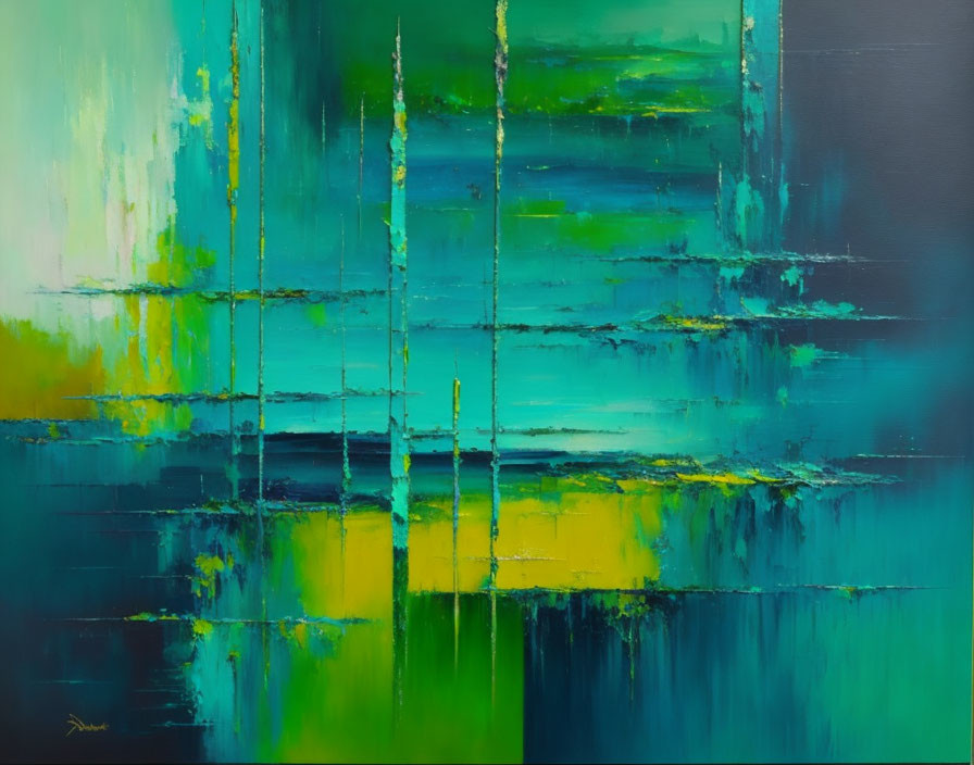 Vibrant Green and Blue Abstract Painting with Water Imagery