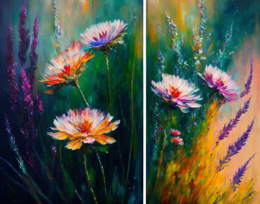 Colorful diptych painting of orange and white wildflowers on green and teal backdrop