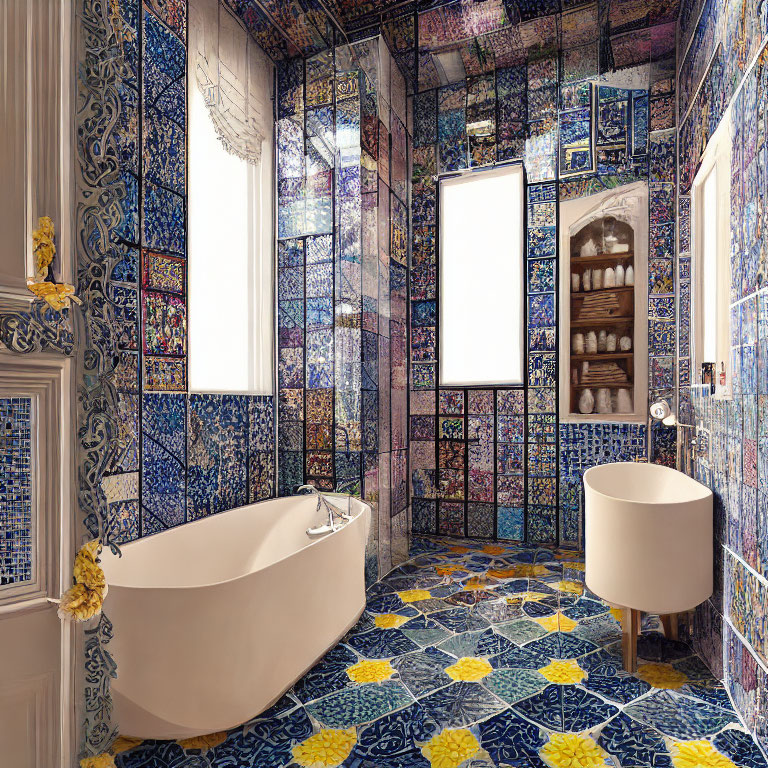 Blue Patterned Tile Bathroom with Freestanding Tub & Modern Basin