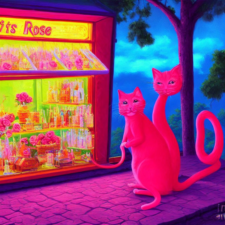 Vibrant pink cats outside colorful flower shop at dusk