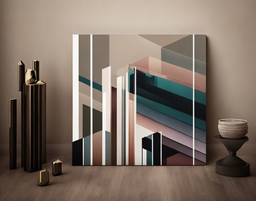 Abstract geometric canvas art with metallic vases and rustic bowl on wooden floor