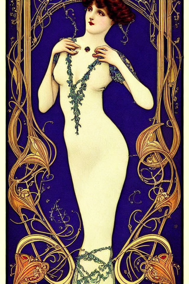 Art Nouveau Style Illustration of Elegant Red-Haired Woman in Floral Frame