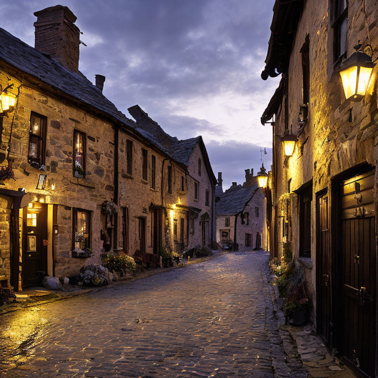 Quaint village cobblestone street at dusk with old stone houses and lanterns