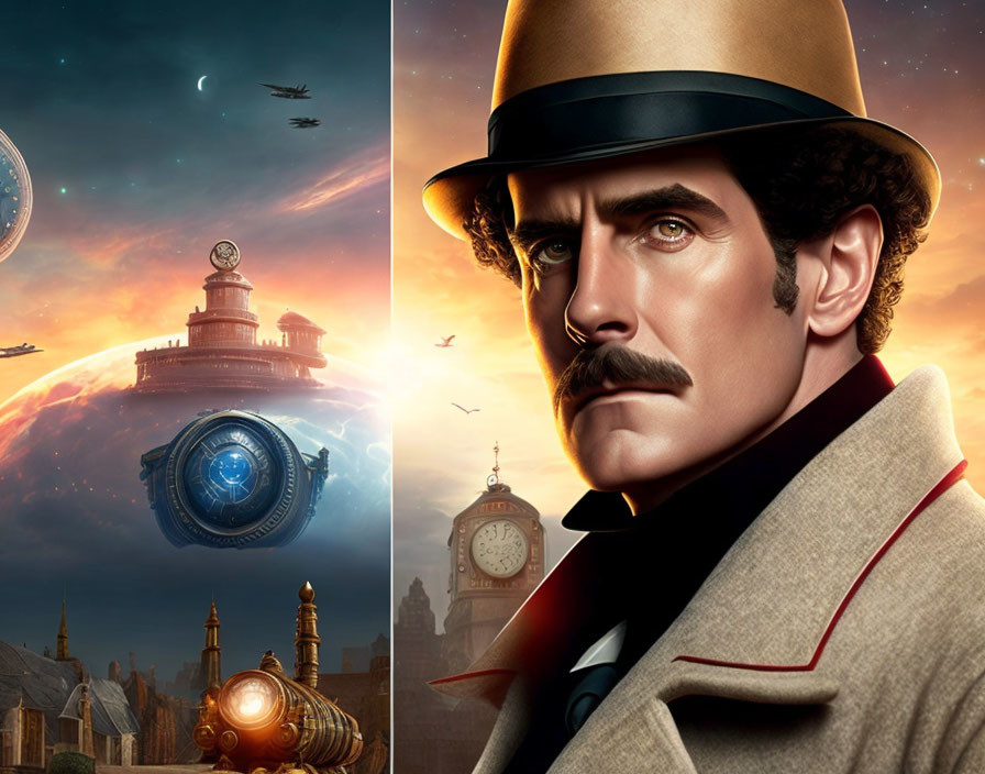 Man with Mustache in Bowler Hat in Steampunk Cityscape