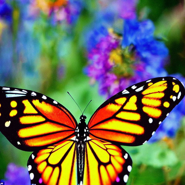 Colorful Monarch Butterfly on Blue and Purple Flower Background