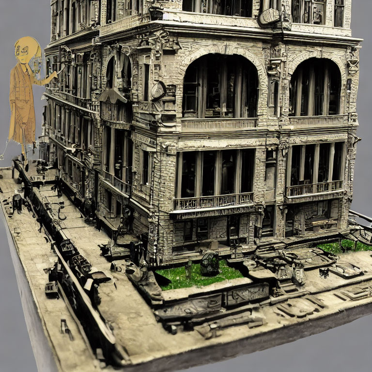 Detailed Scale Model of Classic Multi-Story Building with Street Elements on Gray Platform