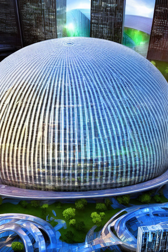 Futuristic cityscape with dome structure, high-rise buildings, and greenery