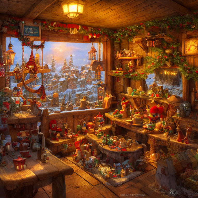 Festive interior with Christmas decorations and snowy view