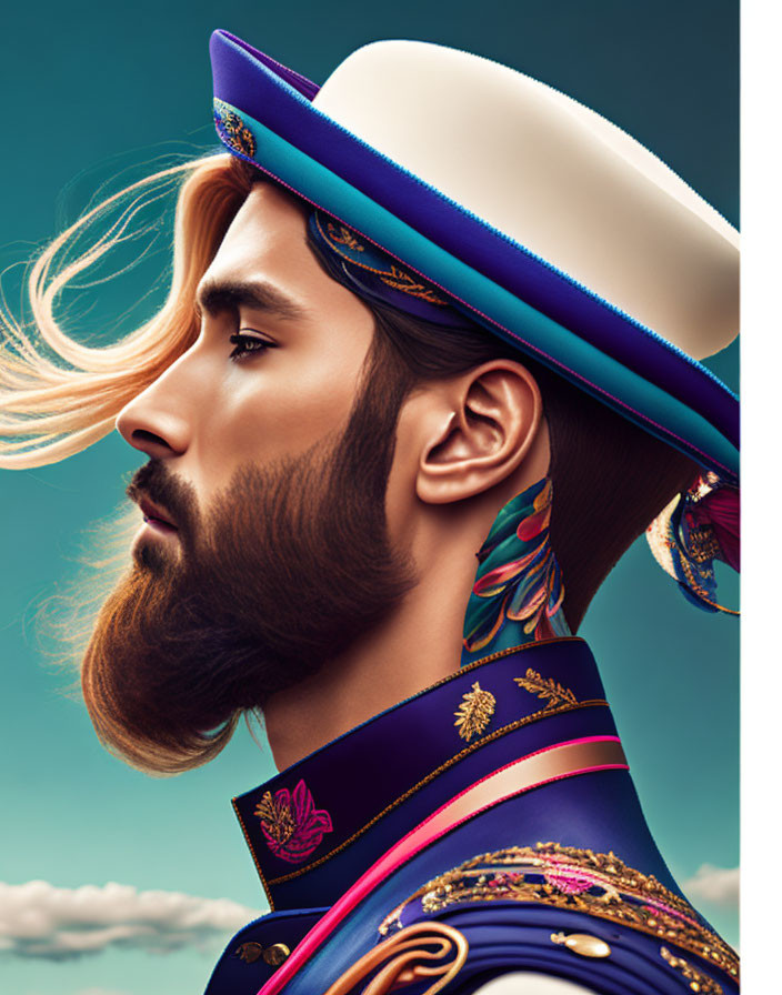 Stylized portrait of a man with flowing beard in ornate uniform