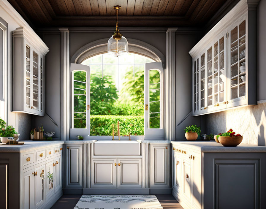 Classic Grey Kitchen with Farmhouse Sink and Brass Fixtures