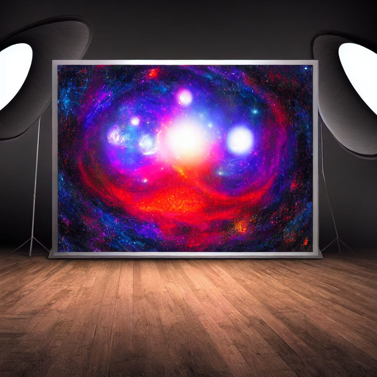 Vibrant galaxy image on large screen in dark room with stylish lamps