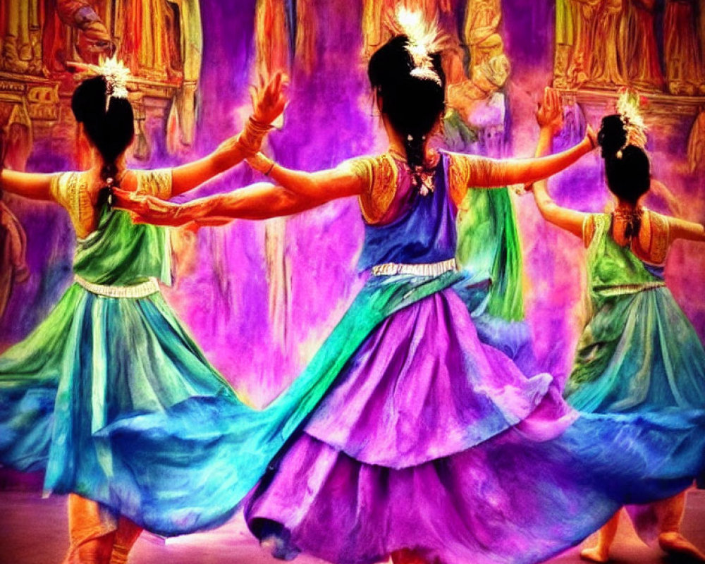 Traditional Indian dancers in colorful attire perform classical dance with elegant gestures and synchronized poses.