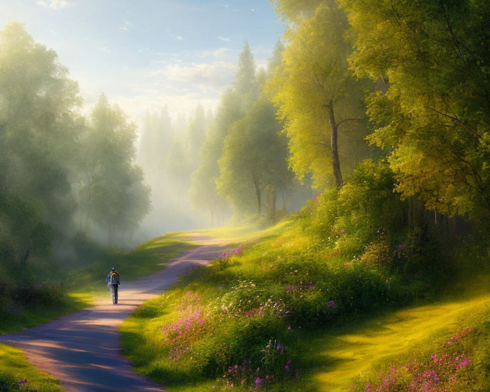 Cyclist on winding road surrounded by lush greenery and wildflowers