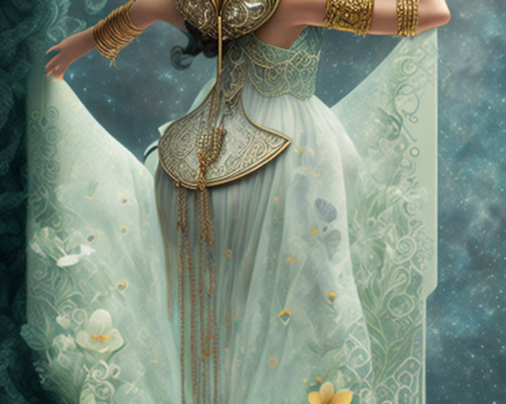 Illustrated woman in ornate dress with gold accessories and floral details.