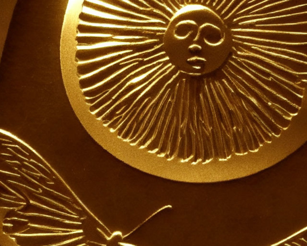 Detailed golden sun engraving with radiant lines, face, and butterfly in warm light.