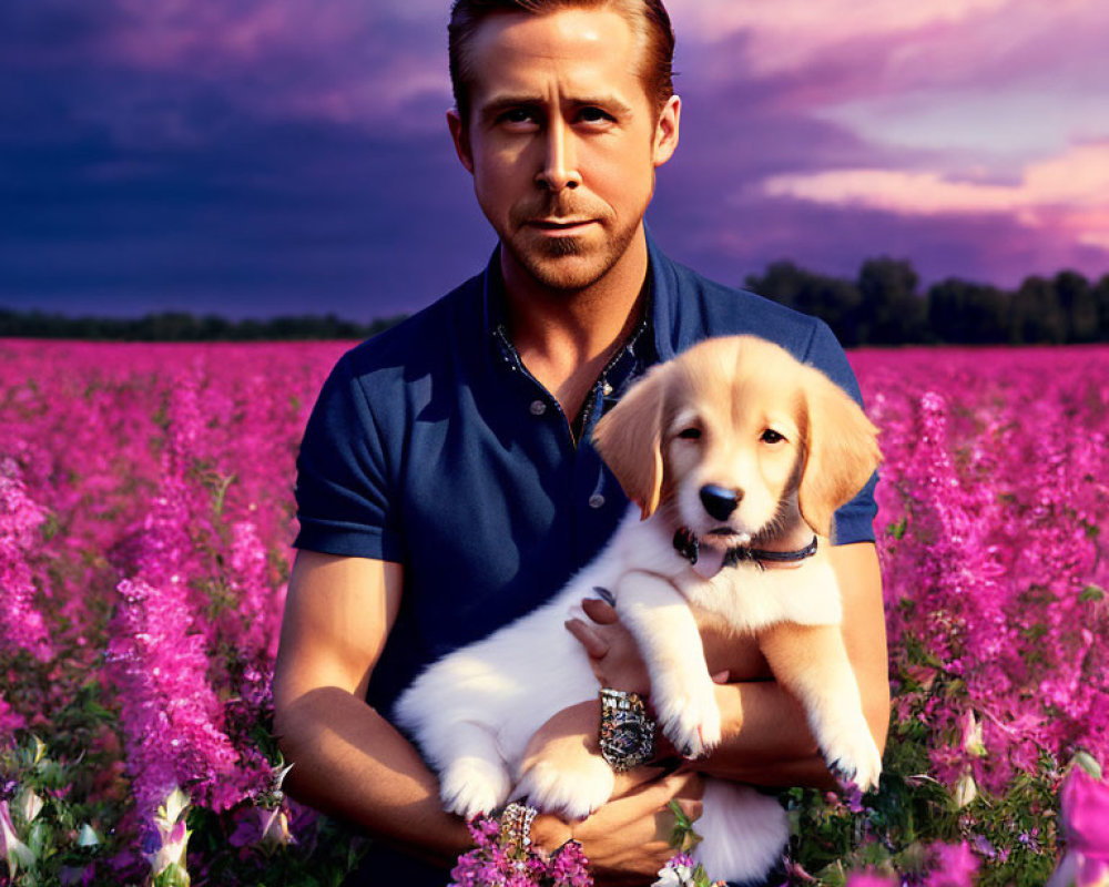 Man with Puppy in Vibrant Flower Field under Colorful Sky