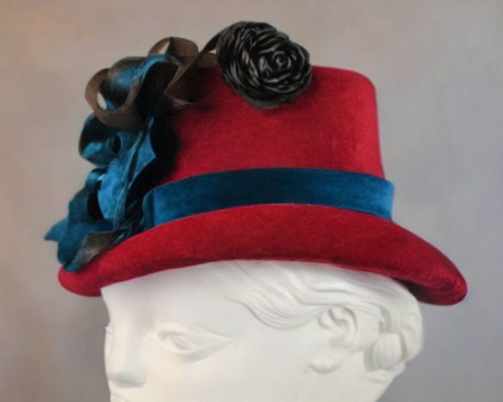 Red Hat with Blue Trim and Dark Rose on White Mannequin Head