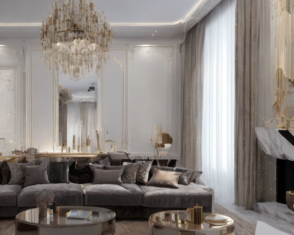 Luxurious Living Room with Elegant Decor and Chandelier