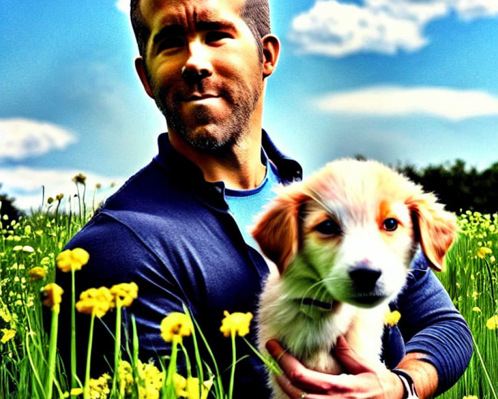 Man with Puppy in Sunny Field Among Yellow Flowers and Blue Sky