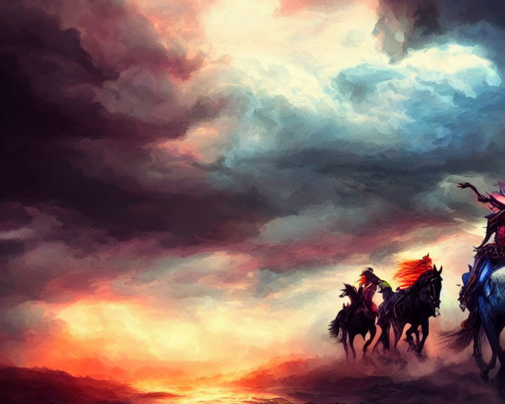 Illustration of Riders on Horseback under Fiery Sky