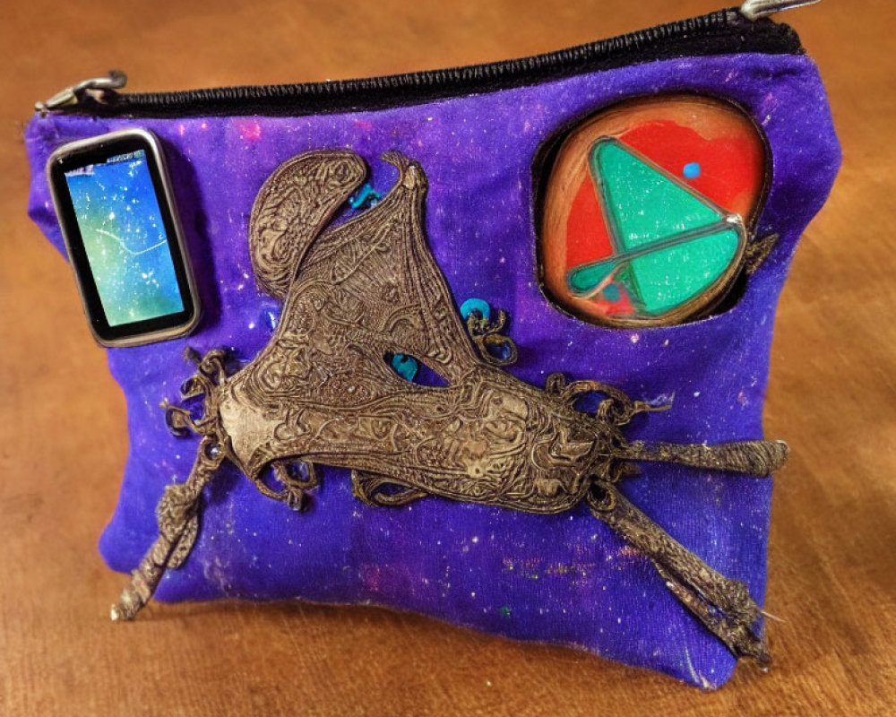 Purple Coin Purse with Cowboy Boot, Smartphone, and Geometric Patches