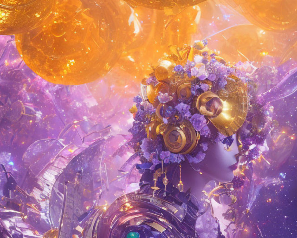 Vibrant otherworldly being with purple visage and golden mechanical elements in cosmic setting