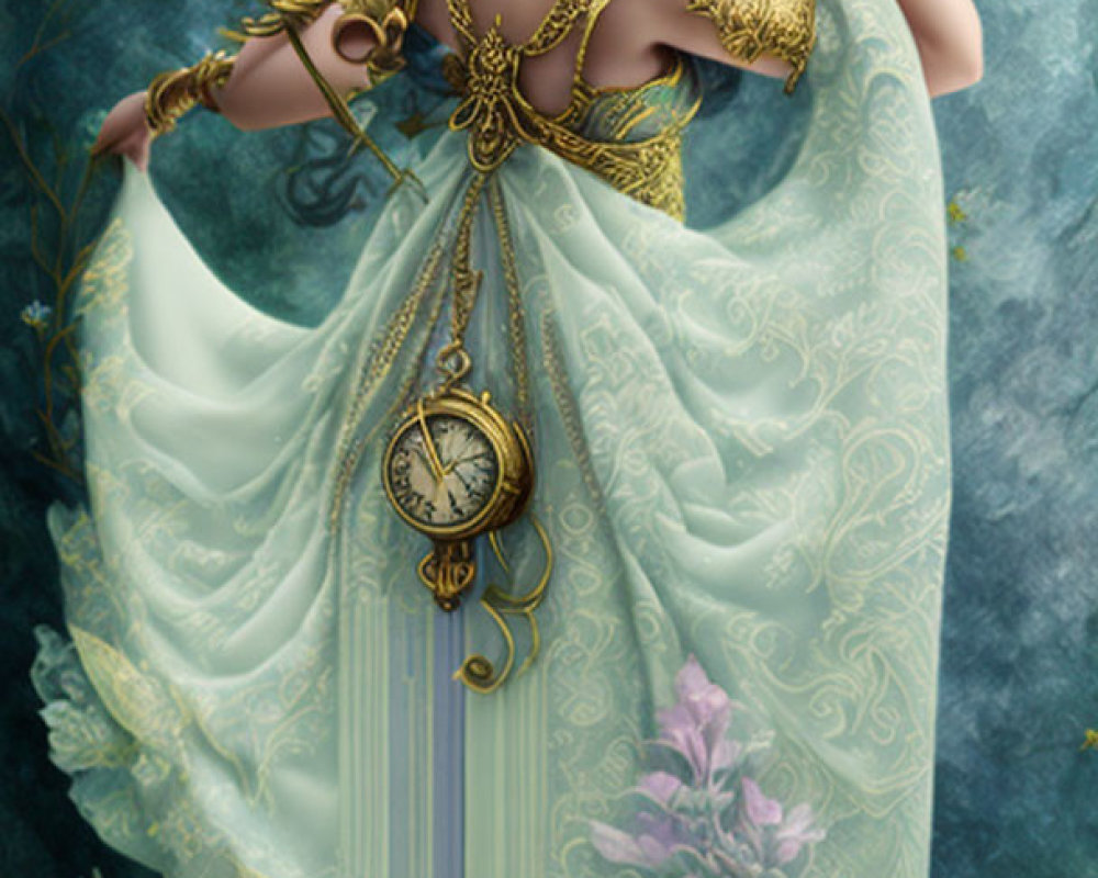 Elaborate gold-trimmed attire woman with pocket watch against floral backdrop