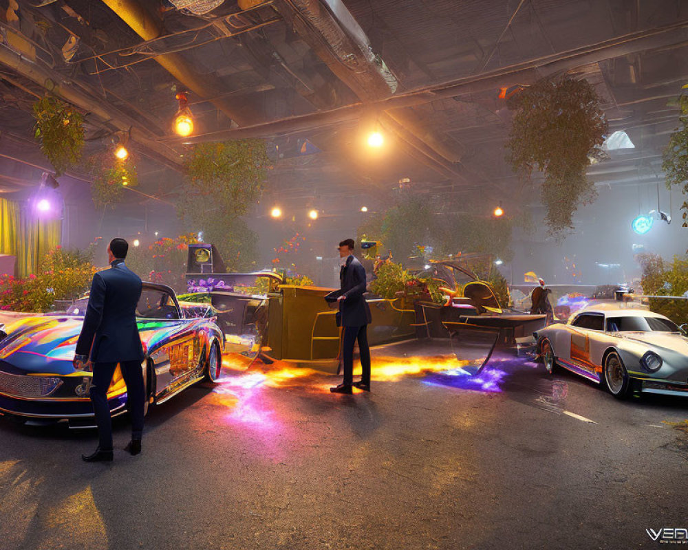 Futuristic cars inspection in vibrant, neon-lit garage