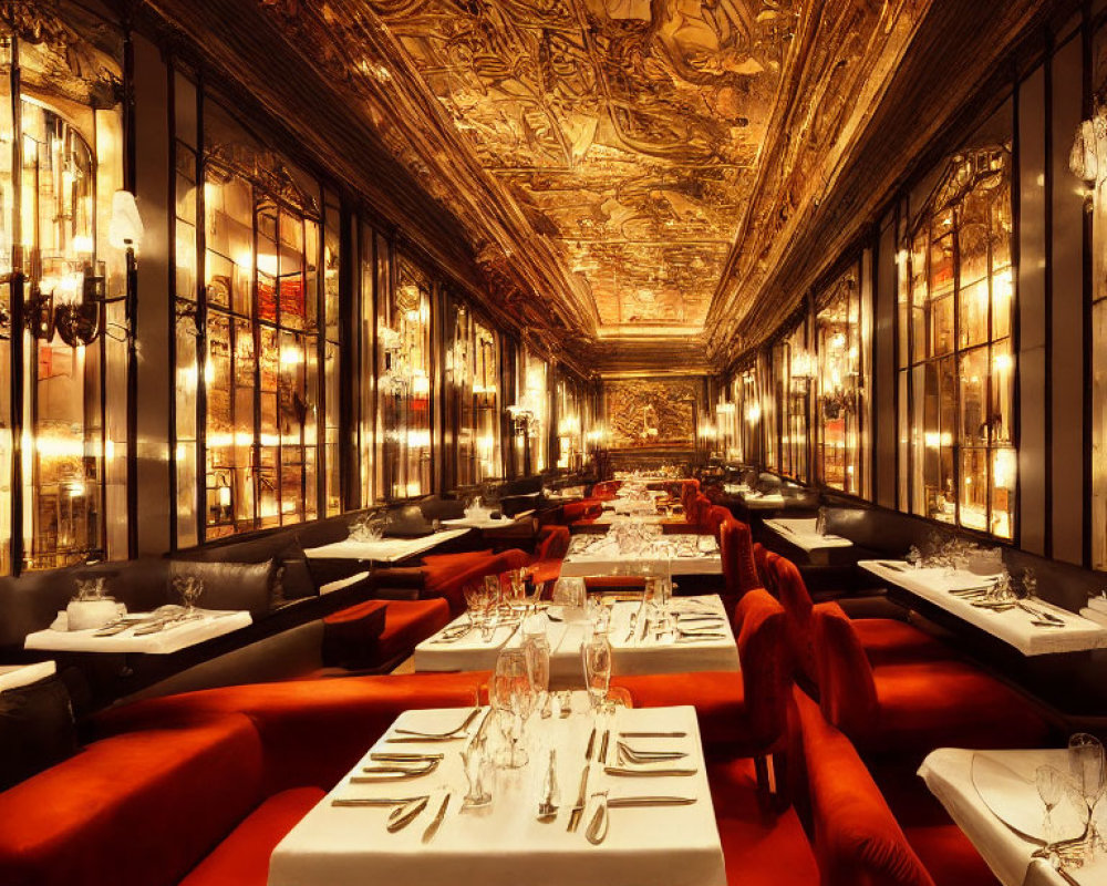 Luxurious Dining Room with Red Upholstered Seating and Ornate Golden Ceiling