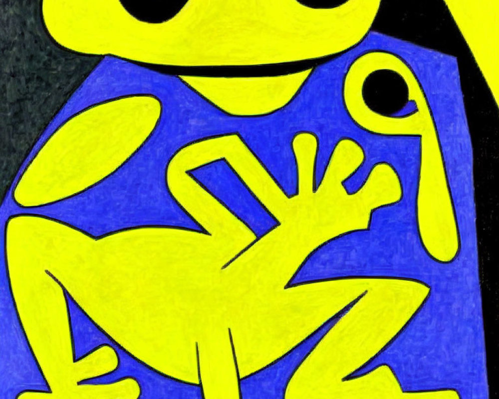 Colorful stylized drawing of a yellow and blue frog on a black and yellow background