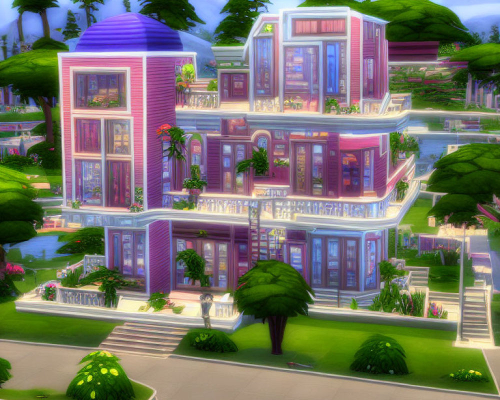 Vibrant multistory virtual house with purple roof and pink walls in lush green landscape