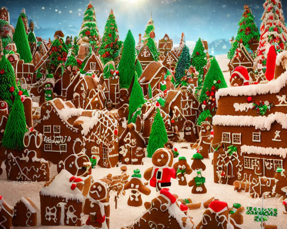 Snow-covered gingerbread village with Christmas trees and starry night sky